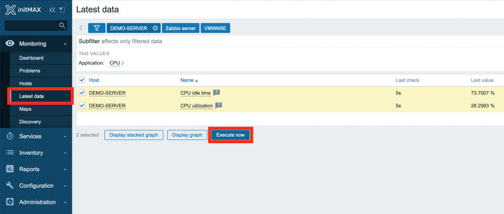 Nové tlačítko "Provést nyní" v Zabbix 6.2 pro okamžité změření hodnoty. 