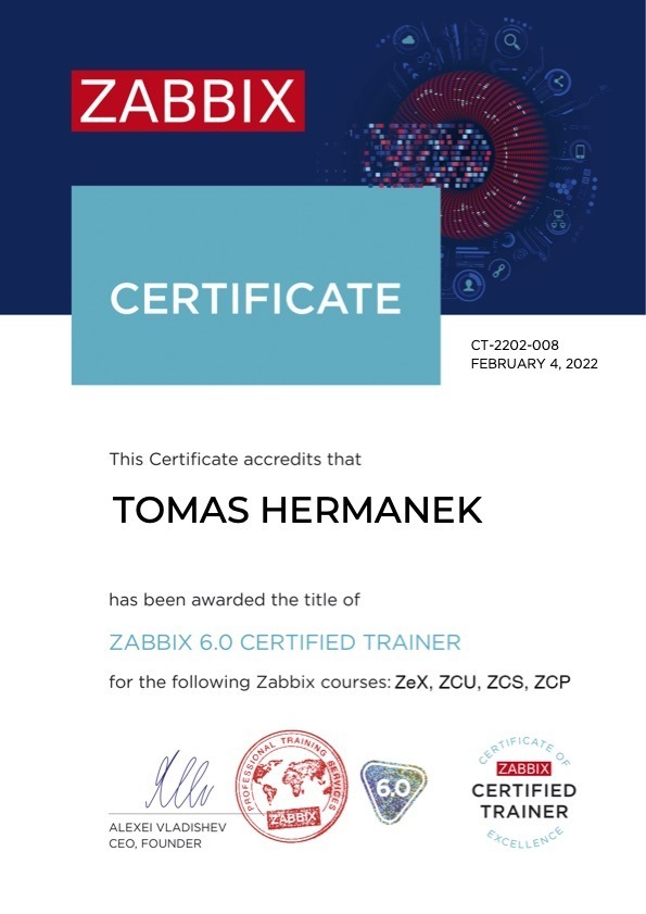 Tomáš Heřmánek získal certifikát Zabbix 6.0 certified trainer.