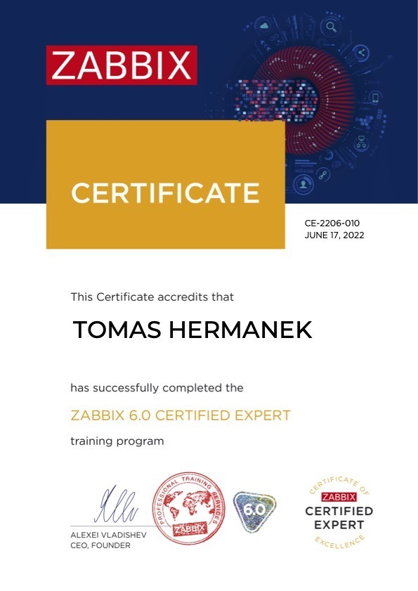 Tomáš Heřmánek získal certifikát Zabbix 6.0 certified expert.