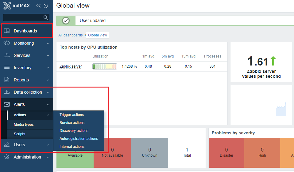 Nové rozložení menu v nové verzi Zabbix 6.4