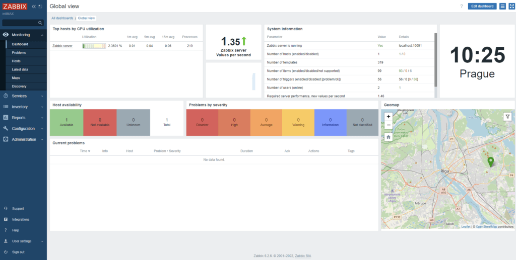 Po přihlášení se dostanete do administrace Zabbix 6.2