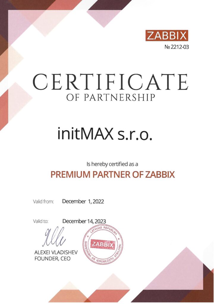 Certifikát Zabbix Premium Partner.