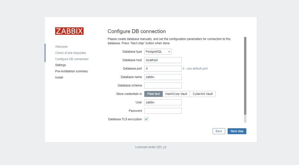 Třetím krokem průvodce instalace Zabbix 6.4 je nastavení připojení do databáze.