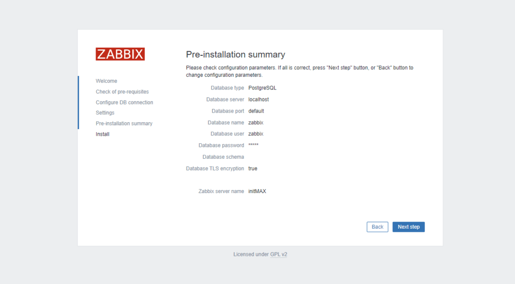 Pátý krok instalace Zabbix 6.2 a kontrola hodnot před instalací