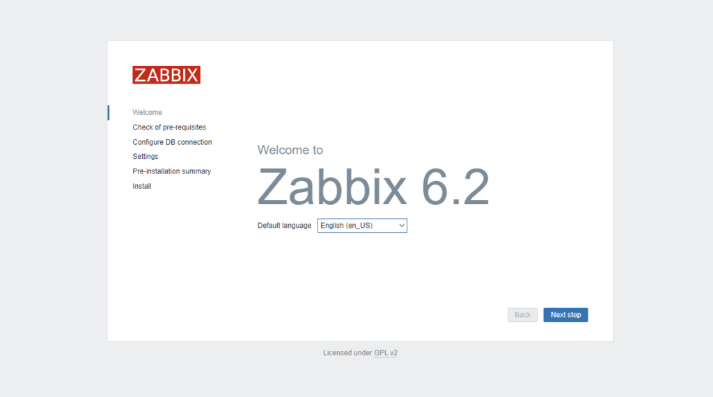Před zahájením instalace Zabbix 6.2 zvolíme náš preferovaný jazyk.