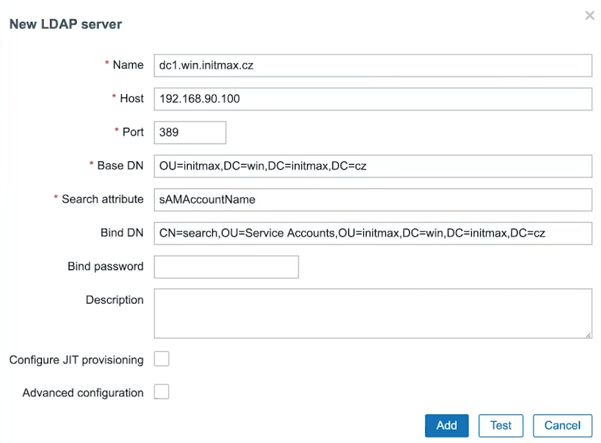 Dialog s veškerými údaji o LDAP serveru, přihlašování k němu a údaje potřebné pro procházení strukturou cílového LDAP serveru.