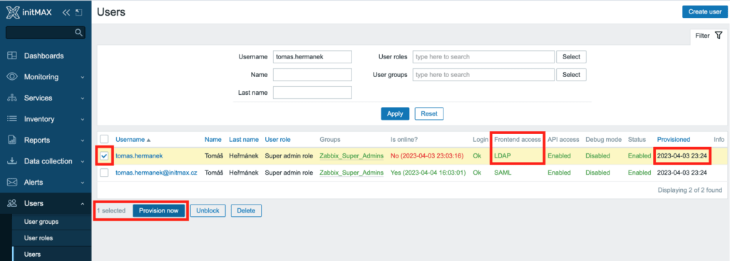 Sekce Users -> Users. Tlačítko Provision now = spuštění okamžitého provisioning