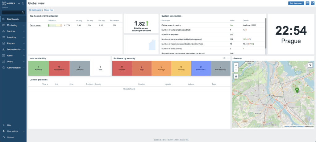 Po přihlášení se zobrazí nová verze Zabbix 6.4