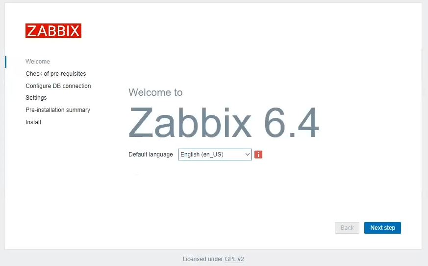První krok instalace Zabbix 6.4 a nastavení jazyka