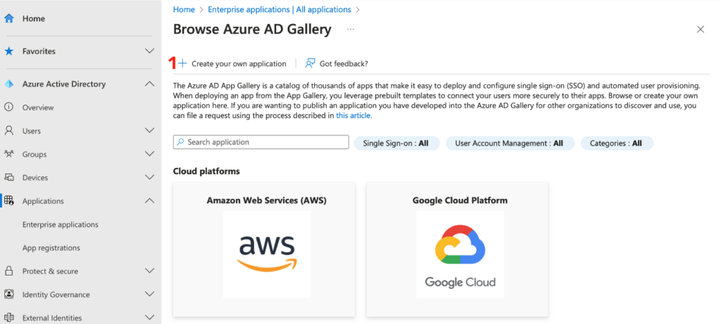 Browse Azure AD Gallery - tlačítko Create your own application