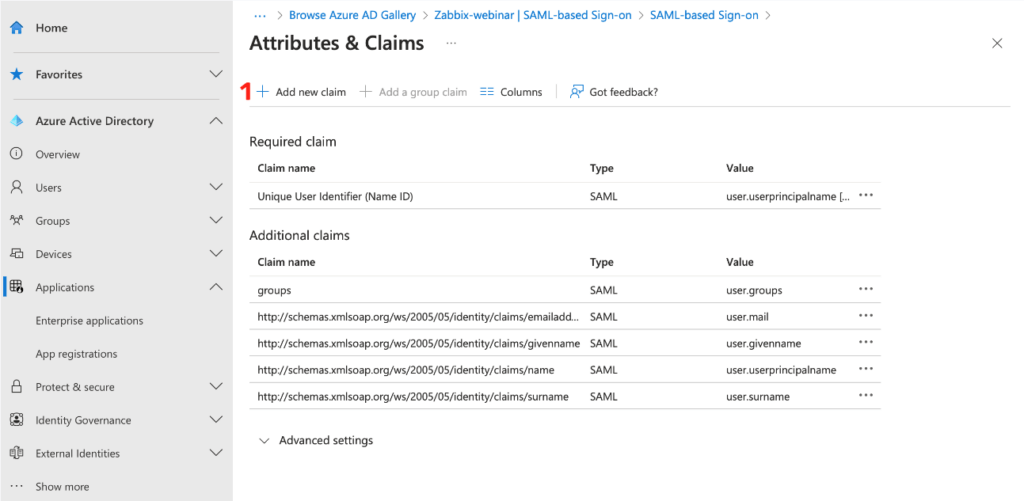 Sekce Attributes & Claim - Add new claim - vytvoření nového claim