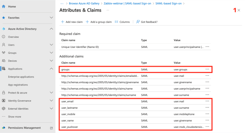 Sekce Attributes & Claims a nastavení všech claims