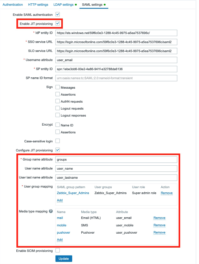 Nastavení JIT provisioningu, v sekci Users -> Authentication -> SAML settings