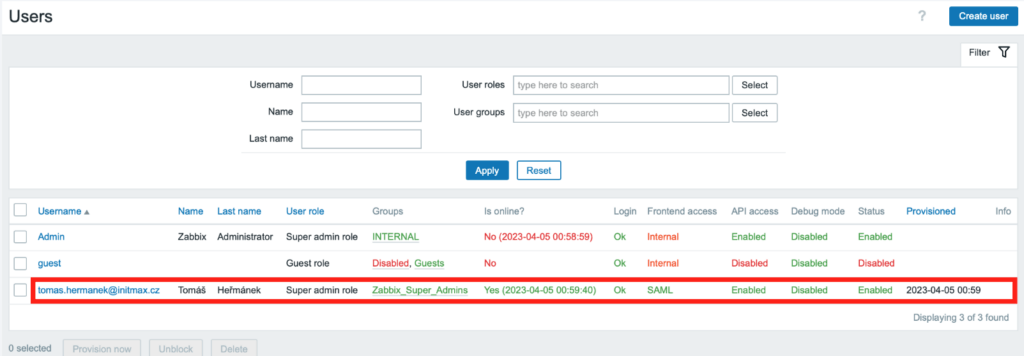 Zobrazení datumu a času u uživatele, kdy naposled provisioning proběhl.