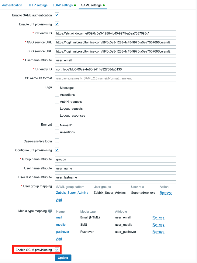 Nastavení SCIM provisioningu, v sekci Users -> Authentication -> SAML settings