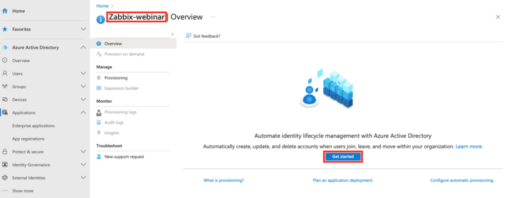 Pro nastavení provisioningu klikneme v Azure na tlačítko Get started