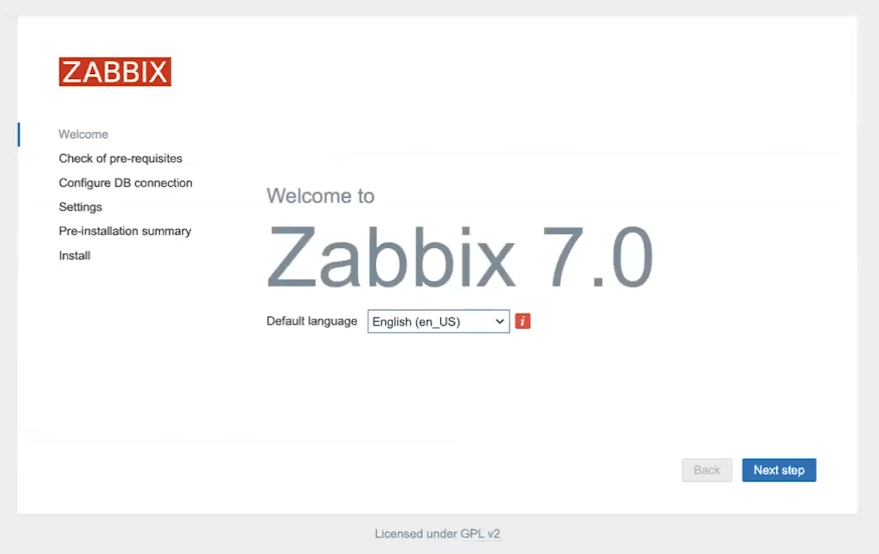 První krok instalace Zabbix 7.0 a nastavení jazyka