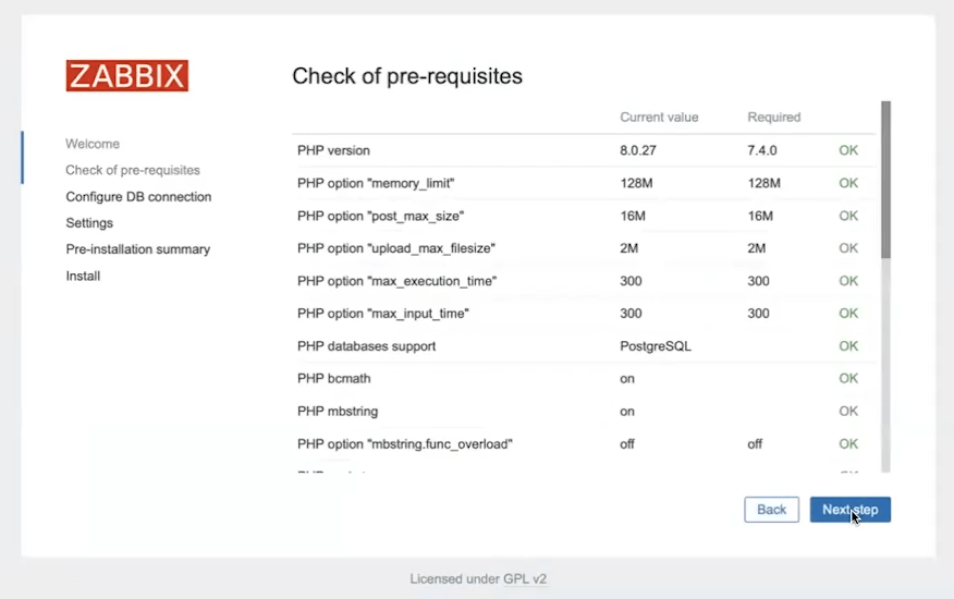 Druhý krok instalace Zabbix 7.0 a kontrola minimálních požadavků