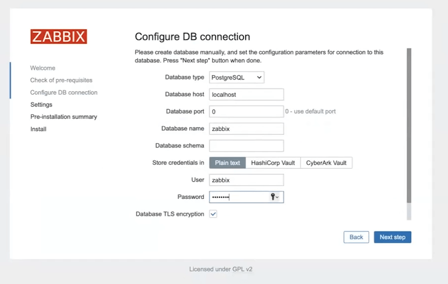 Třetí krok instalace Zabbix 7.0 a připojení do databáze