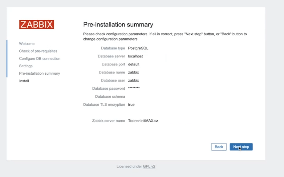 Pátý krok instalace Zabbix 7.0 a kontrola hodnot před instalací