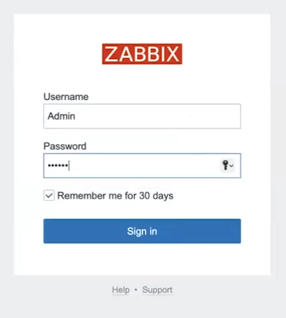 Pro přihlášení do nového Zabbix 7.0 v dialogovém okně uvedeme přihlašovací jméno a heslo.