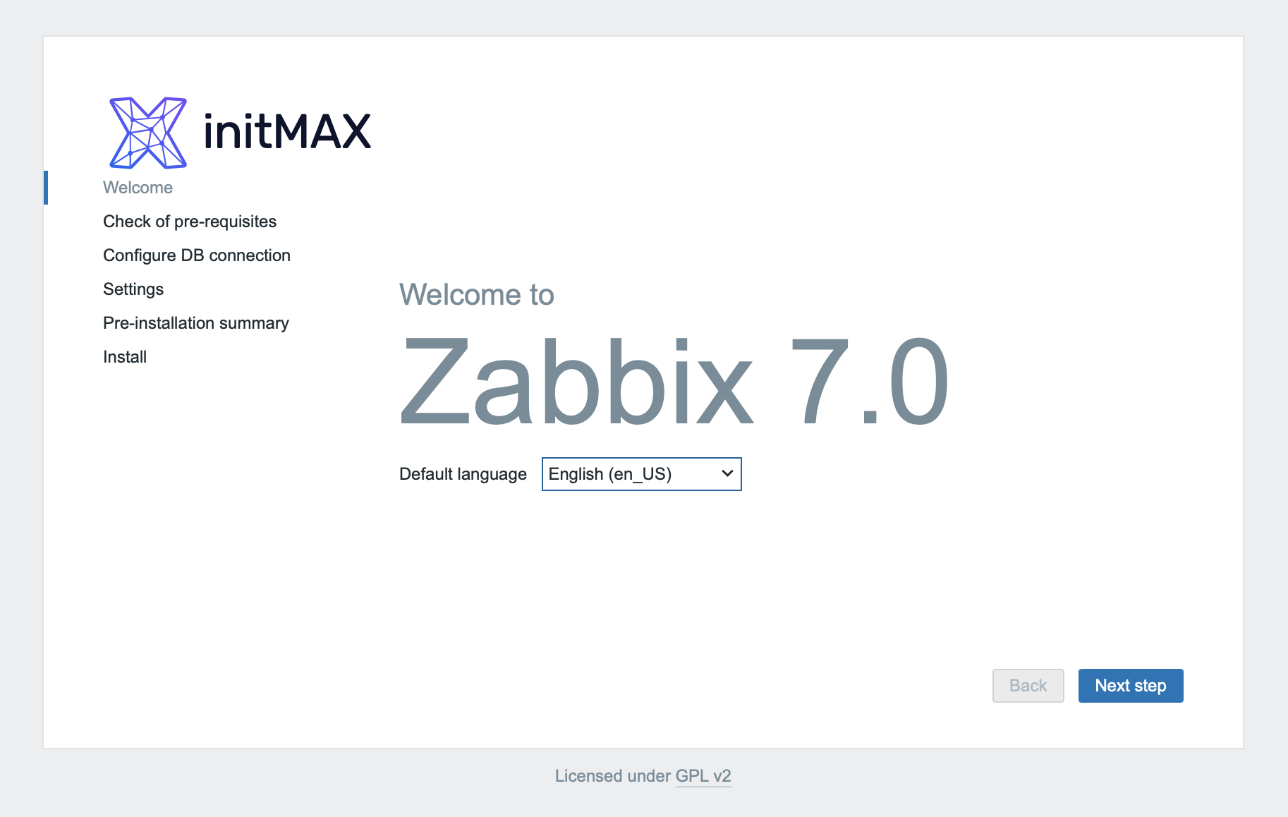 zabbix install - welcome page