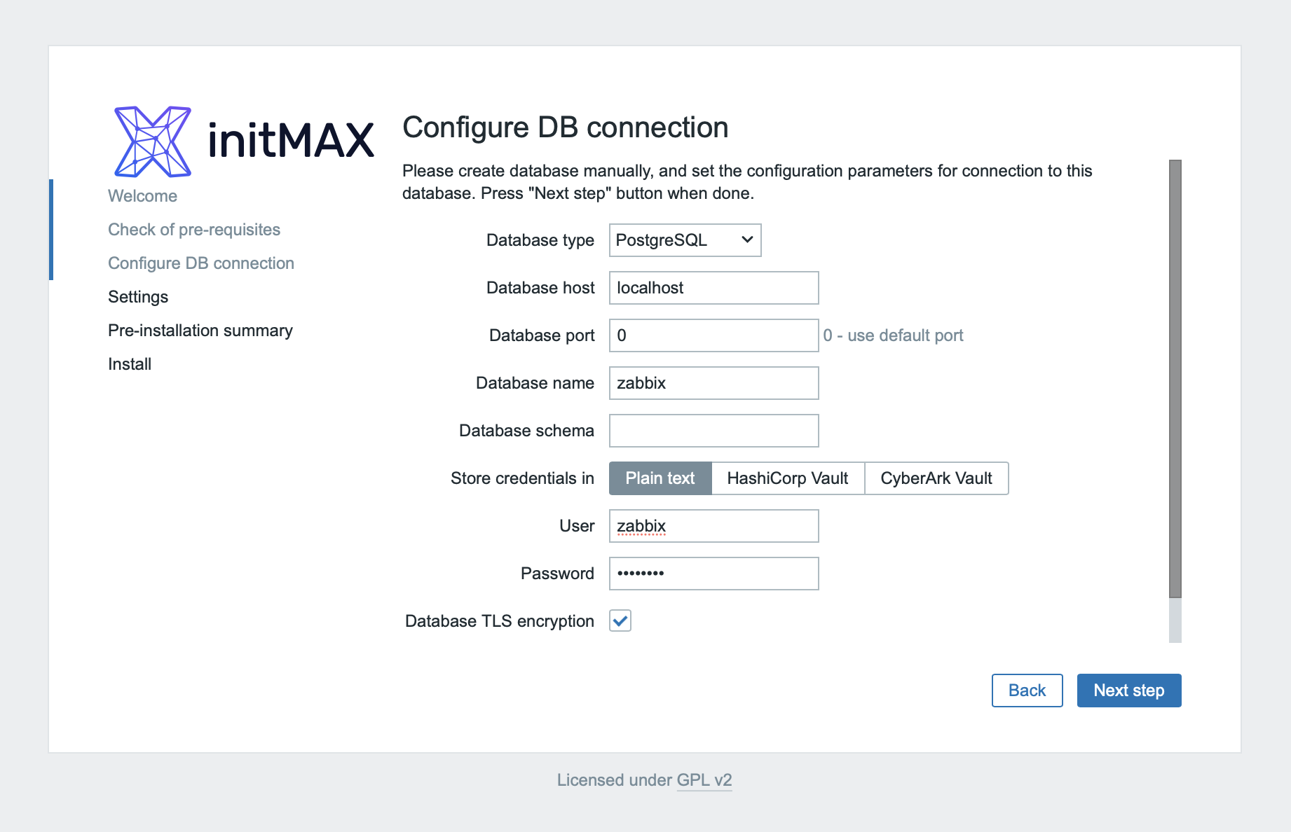 zabbix install - database config