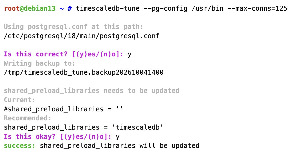 Výstup timescaledb-tune – Zabbix 8.0, Debian 13