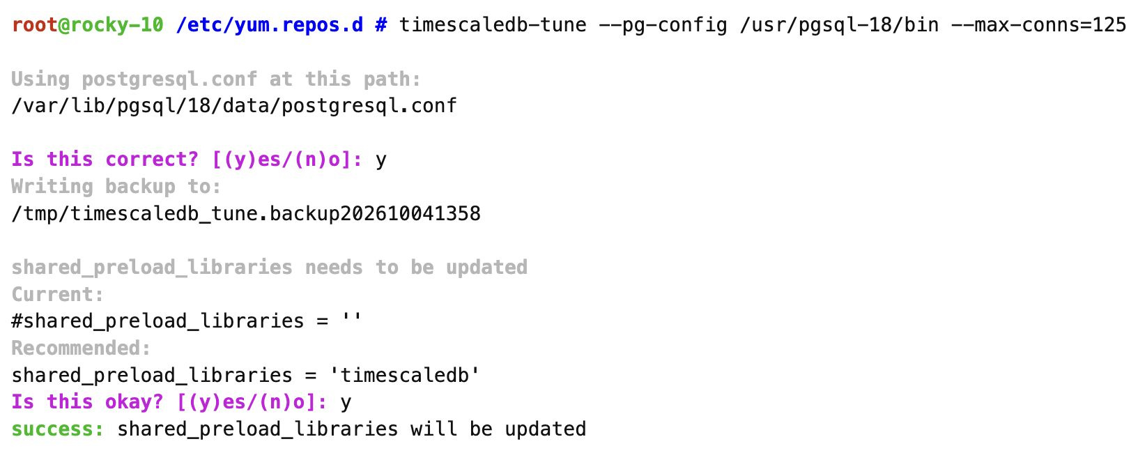 Výstup timescaledb-tune – Zabbix 8.0, AlmaLinux 10