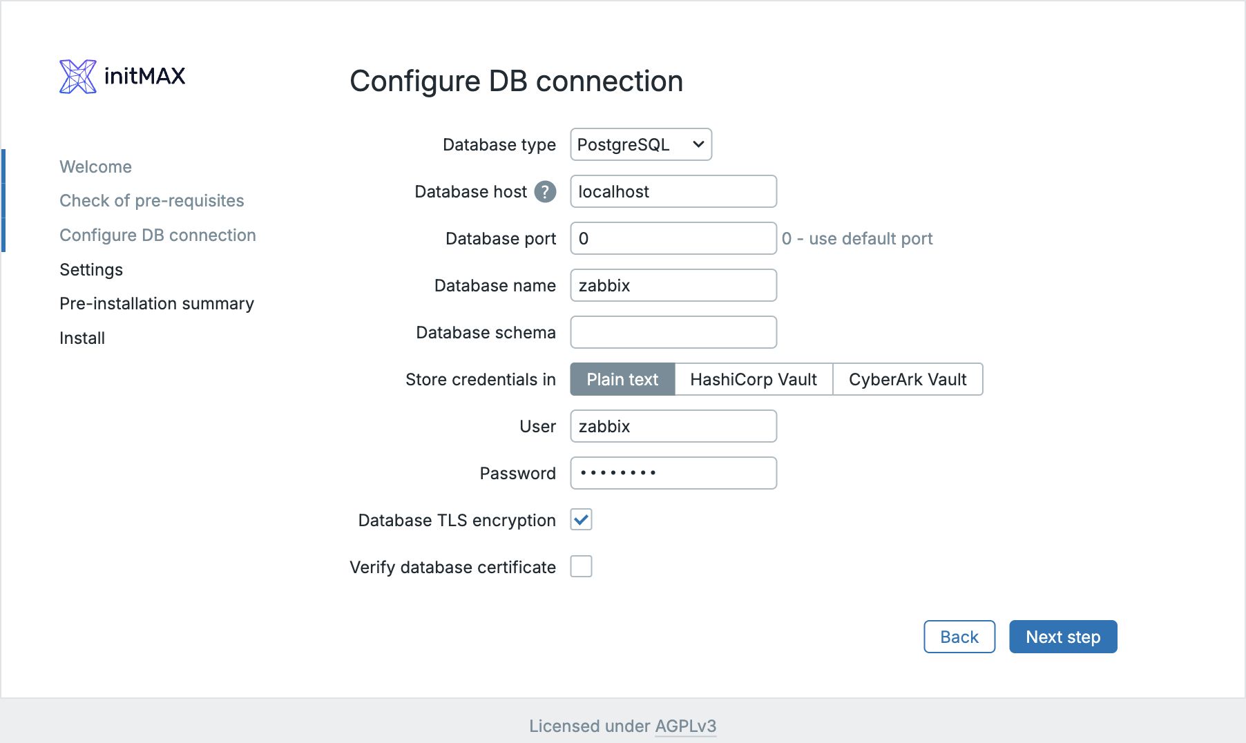 Připojení k databázi – Zabbix 8.0, AlmaLinux 10