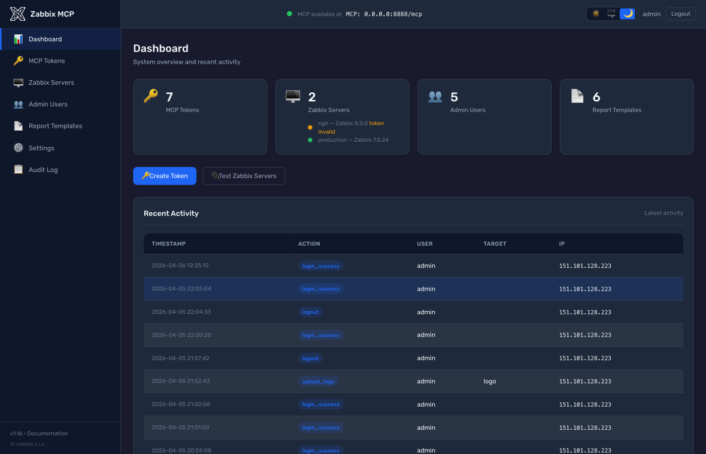 Zabbix MCP Server - Dashboard admin portálu