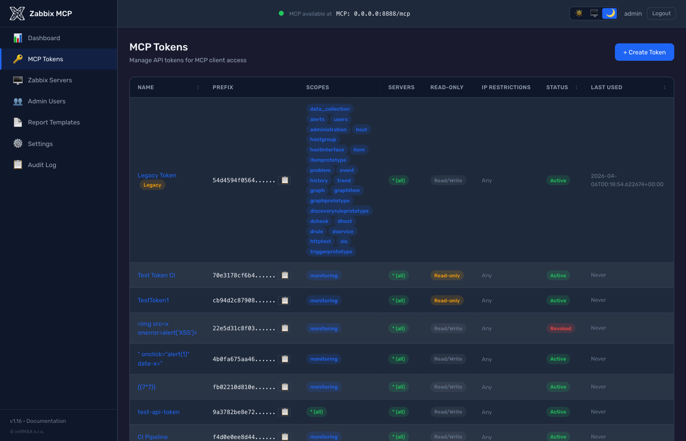Zabbix MCP Server - Správa tokenů