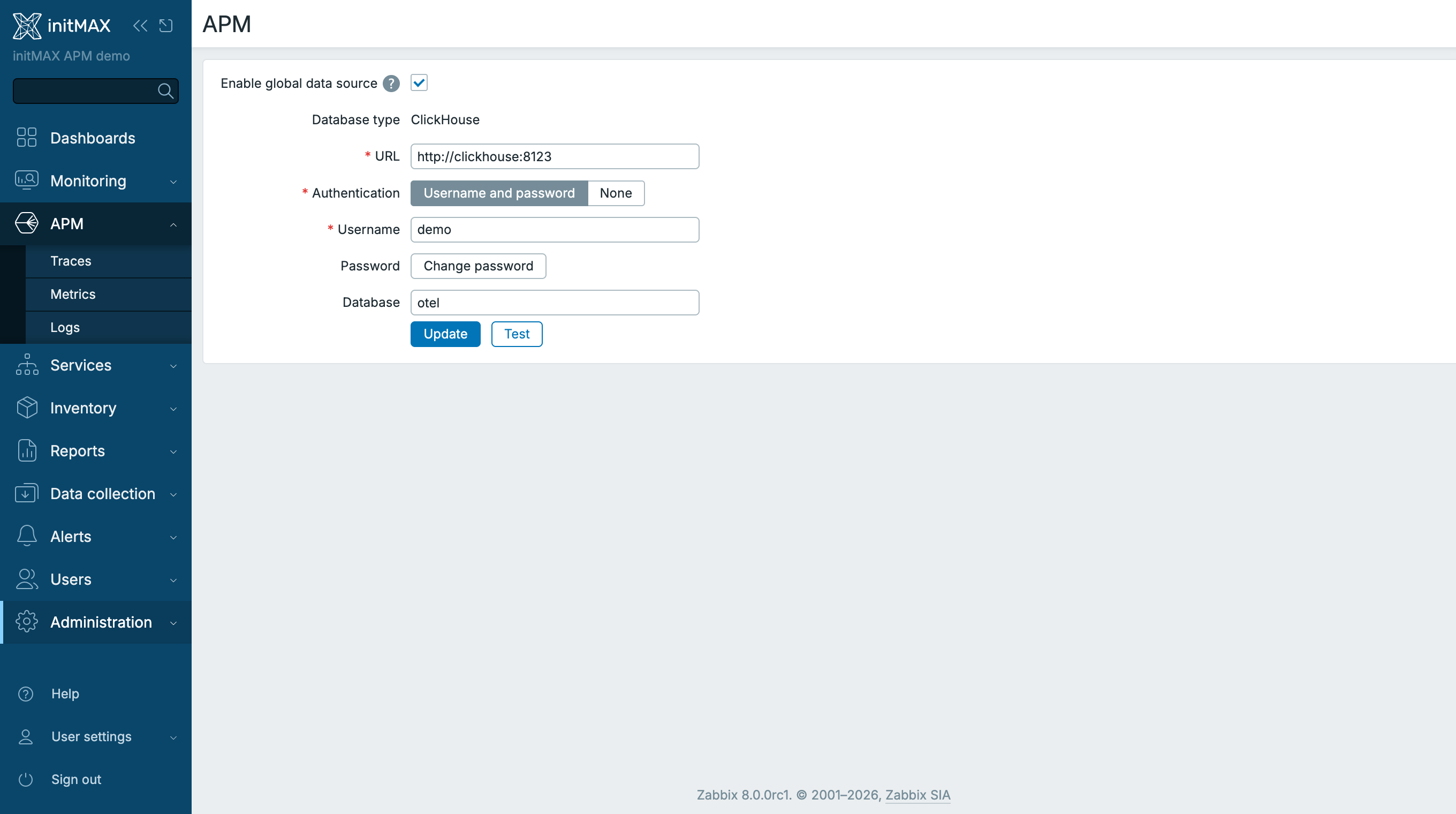 Zabbix 8.0 - nastavení globálního APM datového zdroje (ClickHouse)