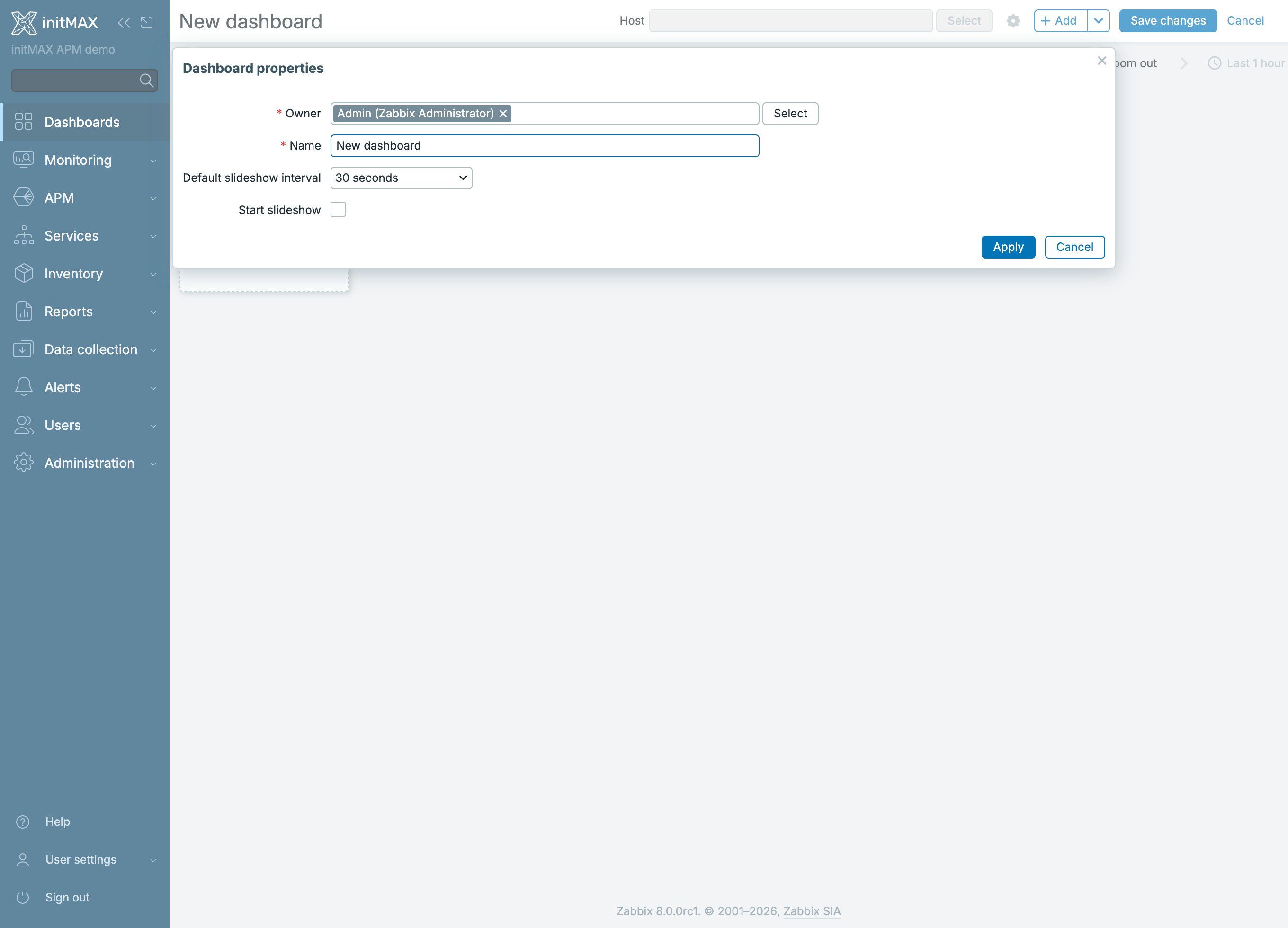 Zabbix 8.0 - vlastnosti nového dashboardu s vypnutou volbou Start slideshow