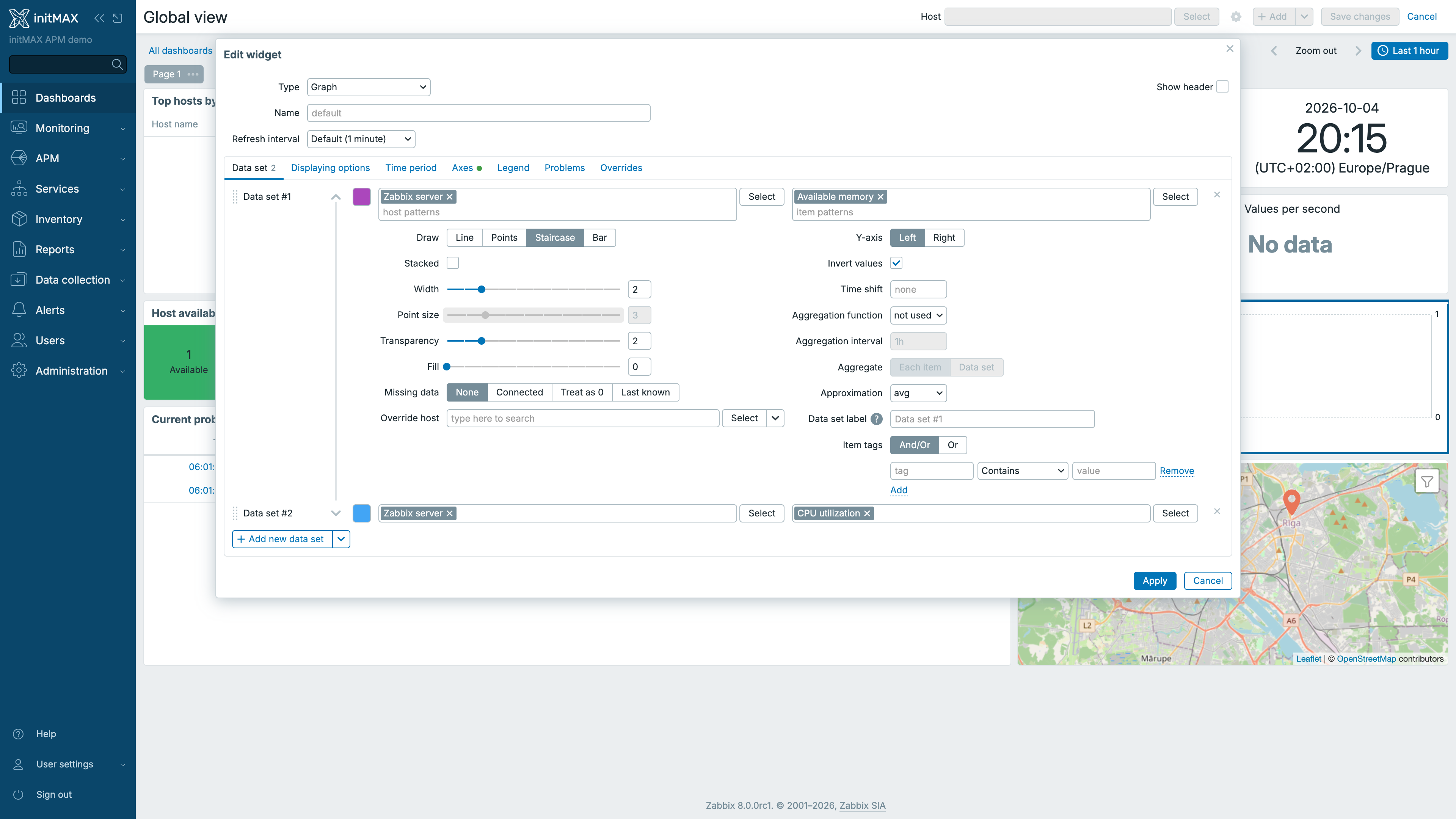 Zabbix 8.0 - widget Graph s volbou Invert values u datové sady