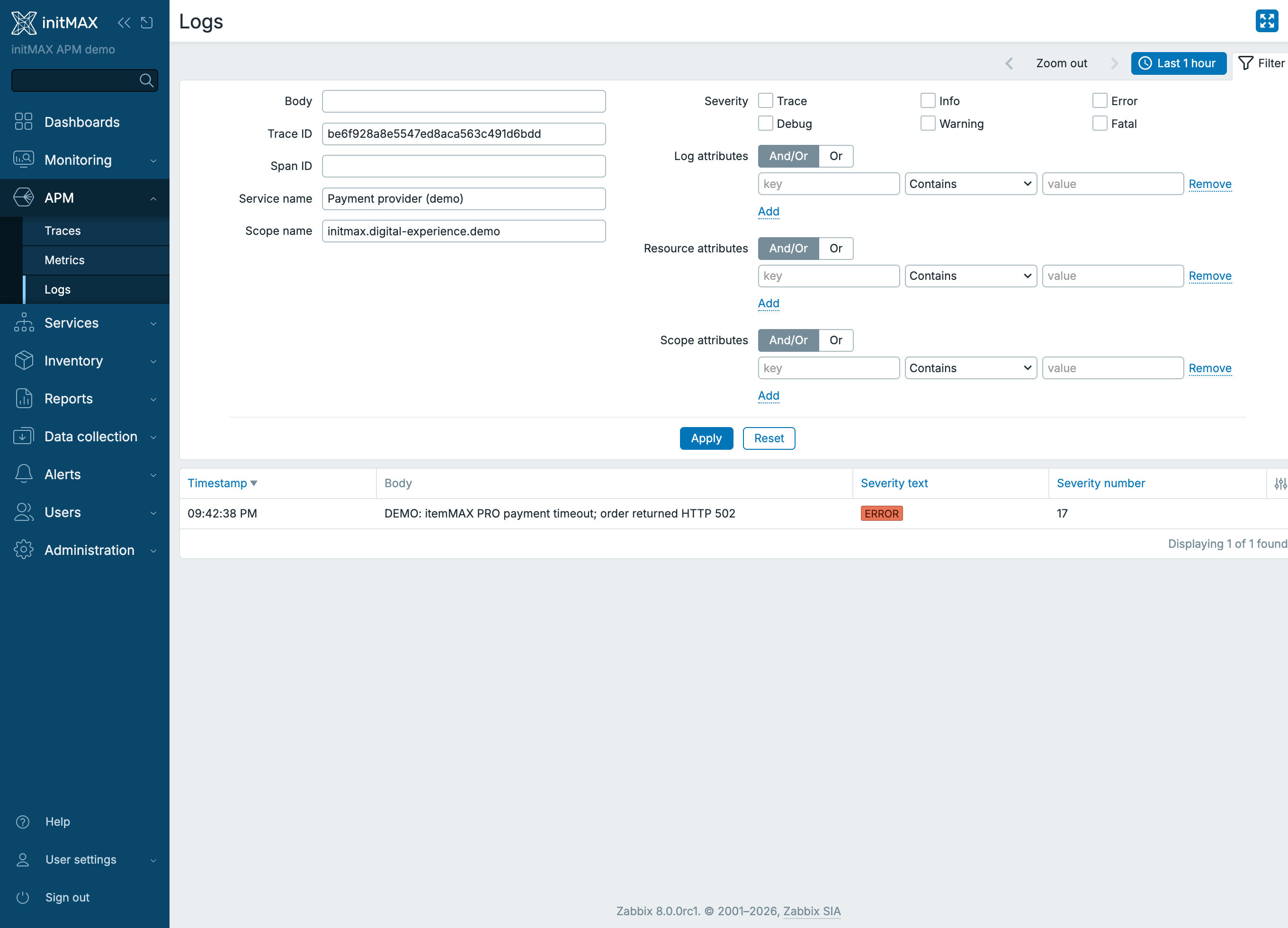 Zabbix 8.0: log modelového nákupu itemMAX PRO dohledaný podle Trace ID