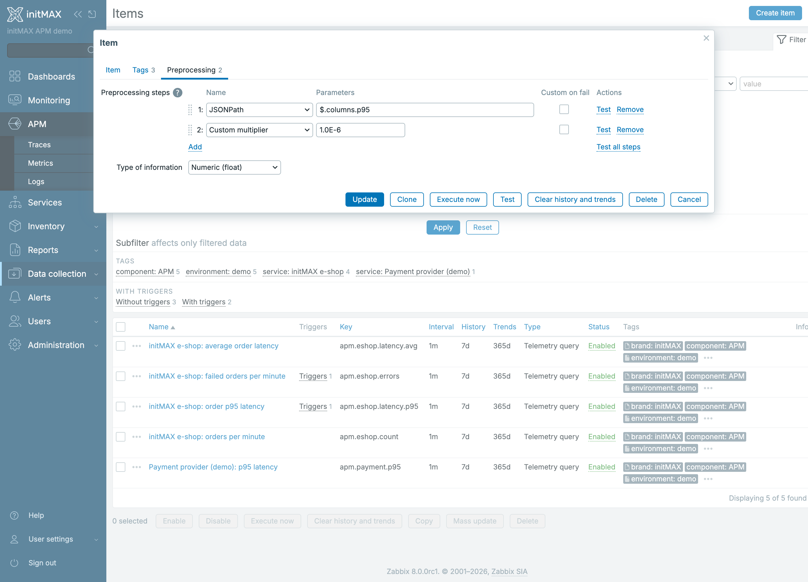 Zabbix 8.0 - preprocessing Telemetry query itemu: JSONPath a Custom multiplier