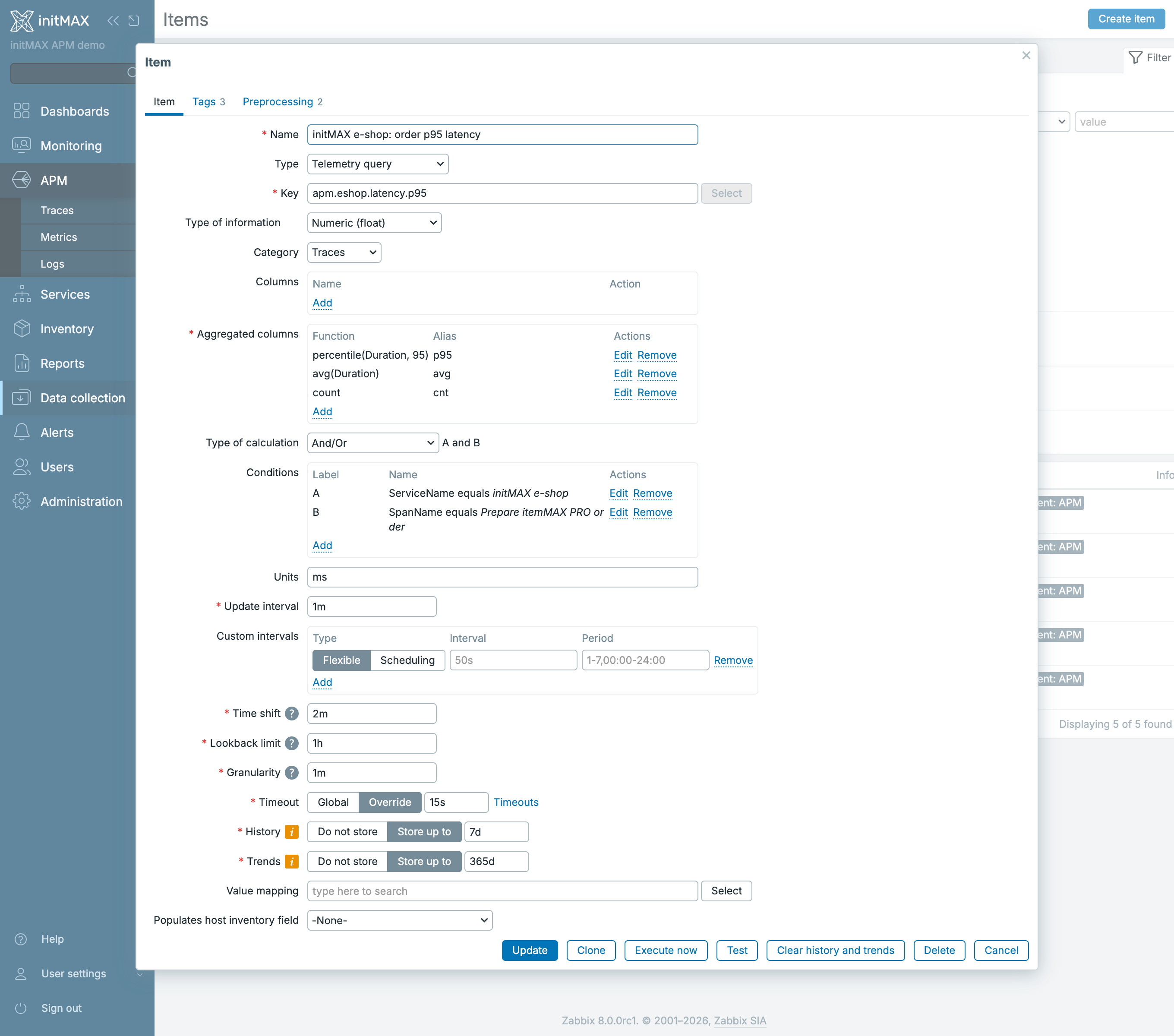 Zabbix 8.0 - item typu Telemetry query