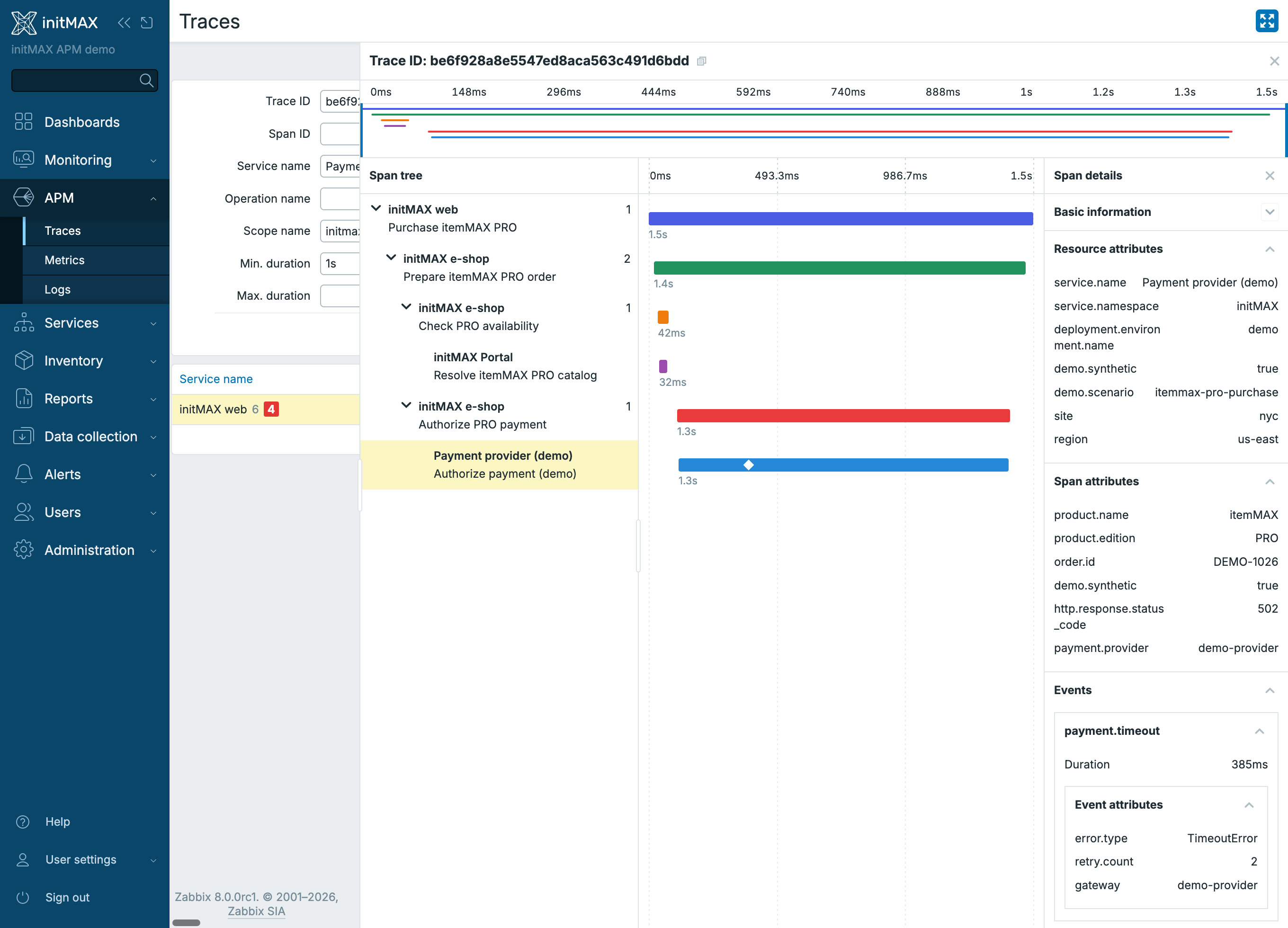 Zabbix 8.0: atributy a události spanu testovací platební služby