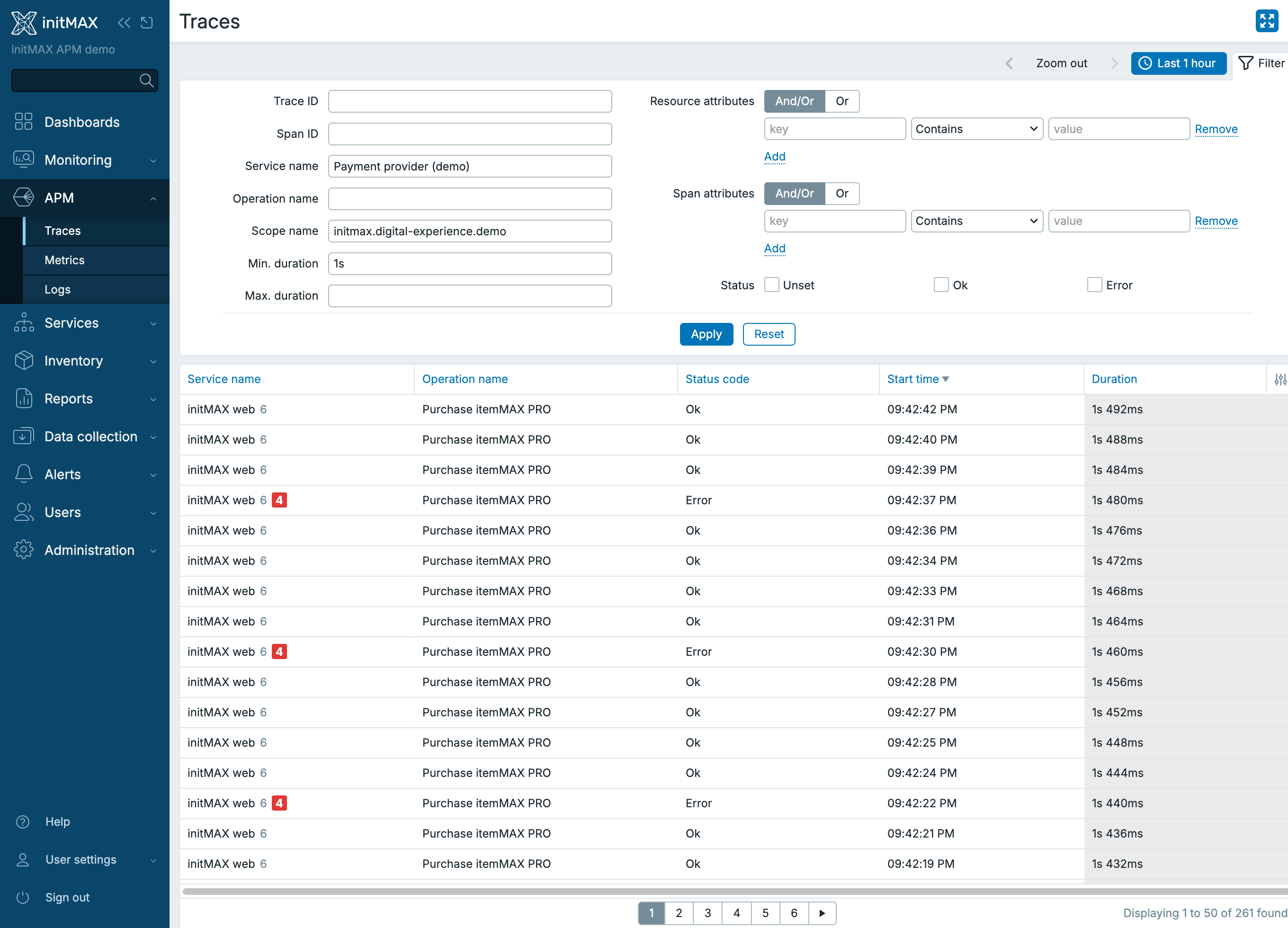 Zabbix 8.0 - APM / Traces s filtrem Service name = Payment provider (demo) a Min. duration = 1s (pomalá volání platební brány)