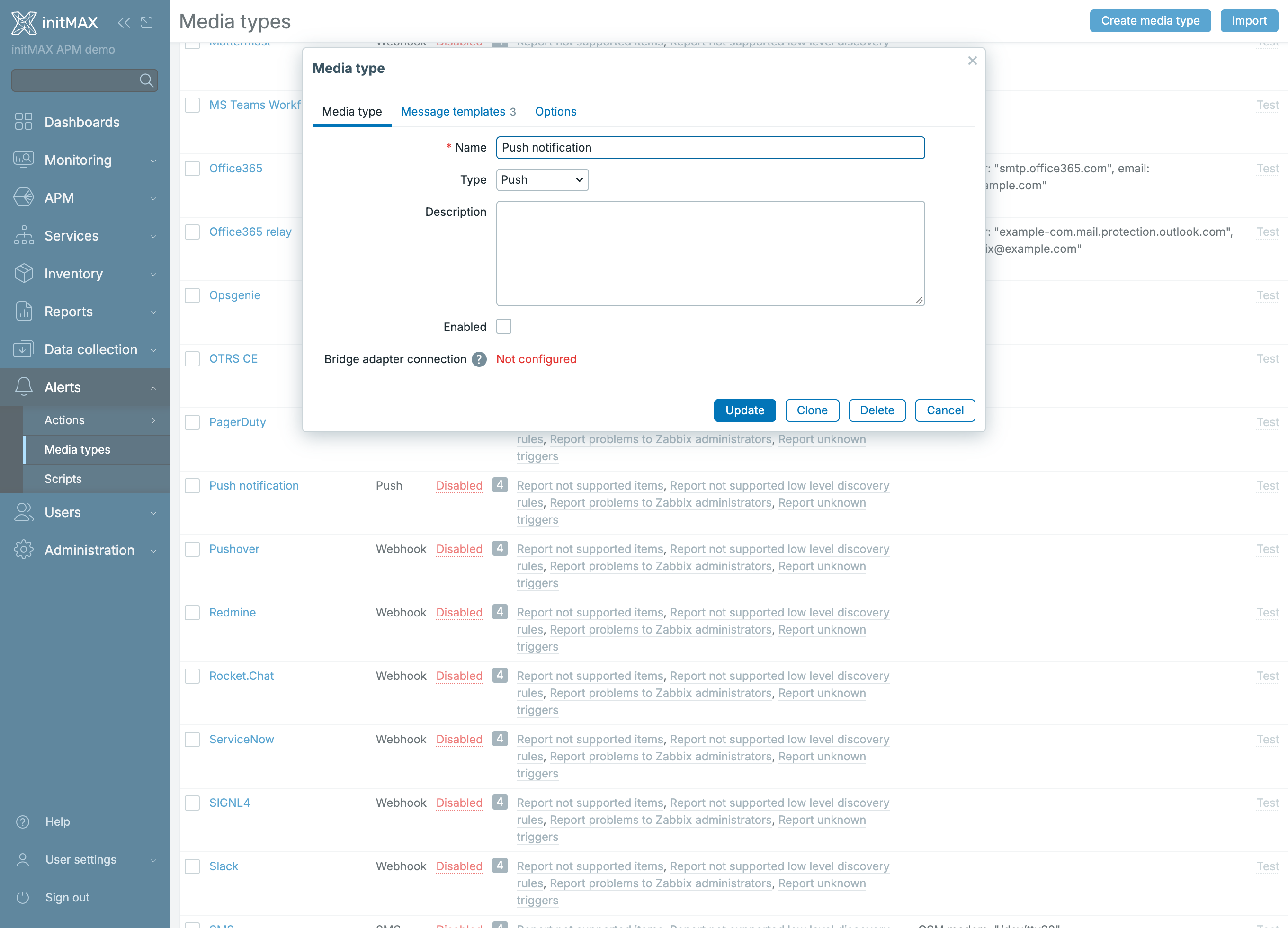 Zabbix 8.0 - media type Push s indikátorem Bridge adapter connection
