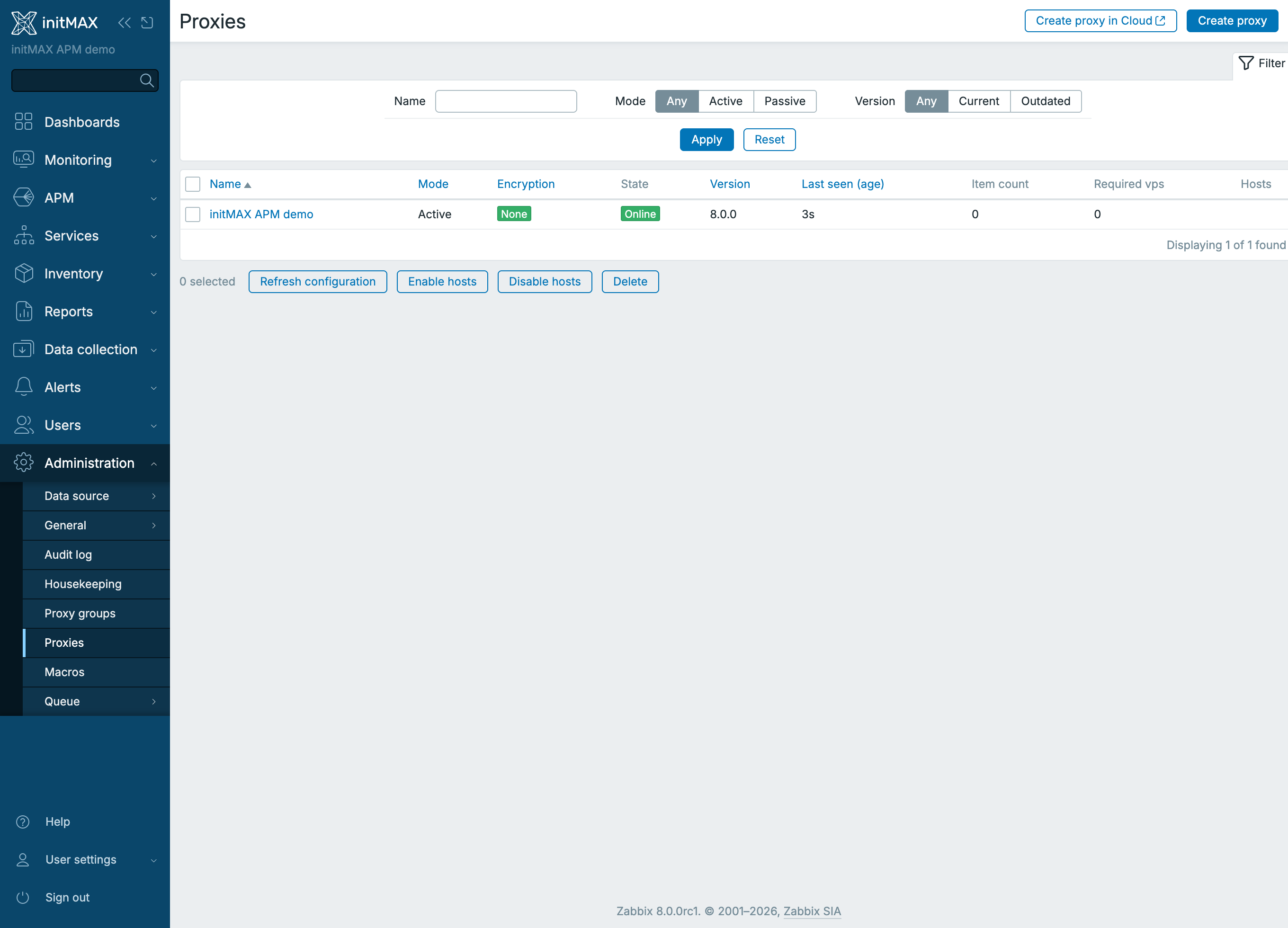 Zabbix 8.0 - stránka Proxies s tlačítkem Create proxy in Cloud