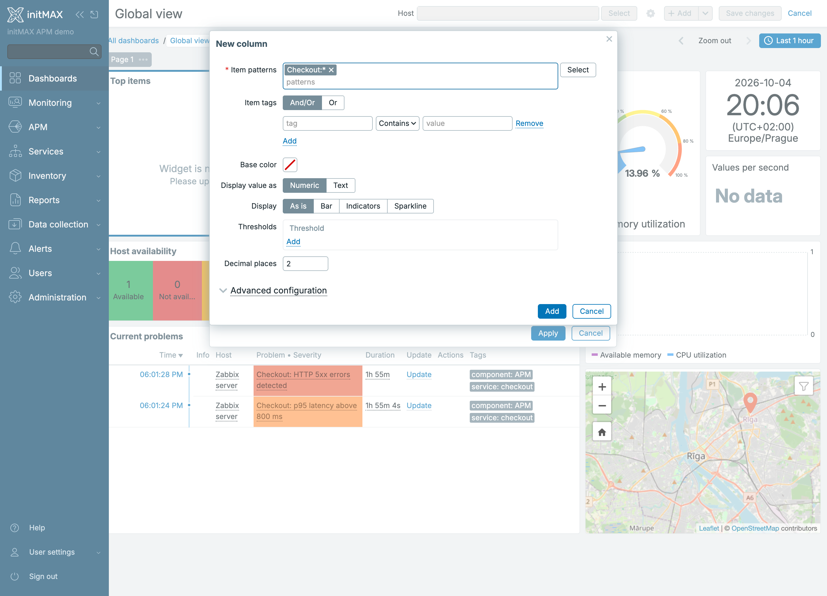 Zabbix 8.0 - sloupec widgetu Top items s patterny položek