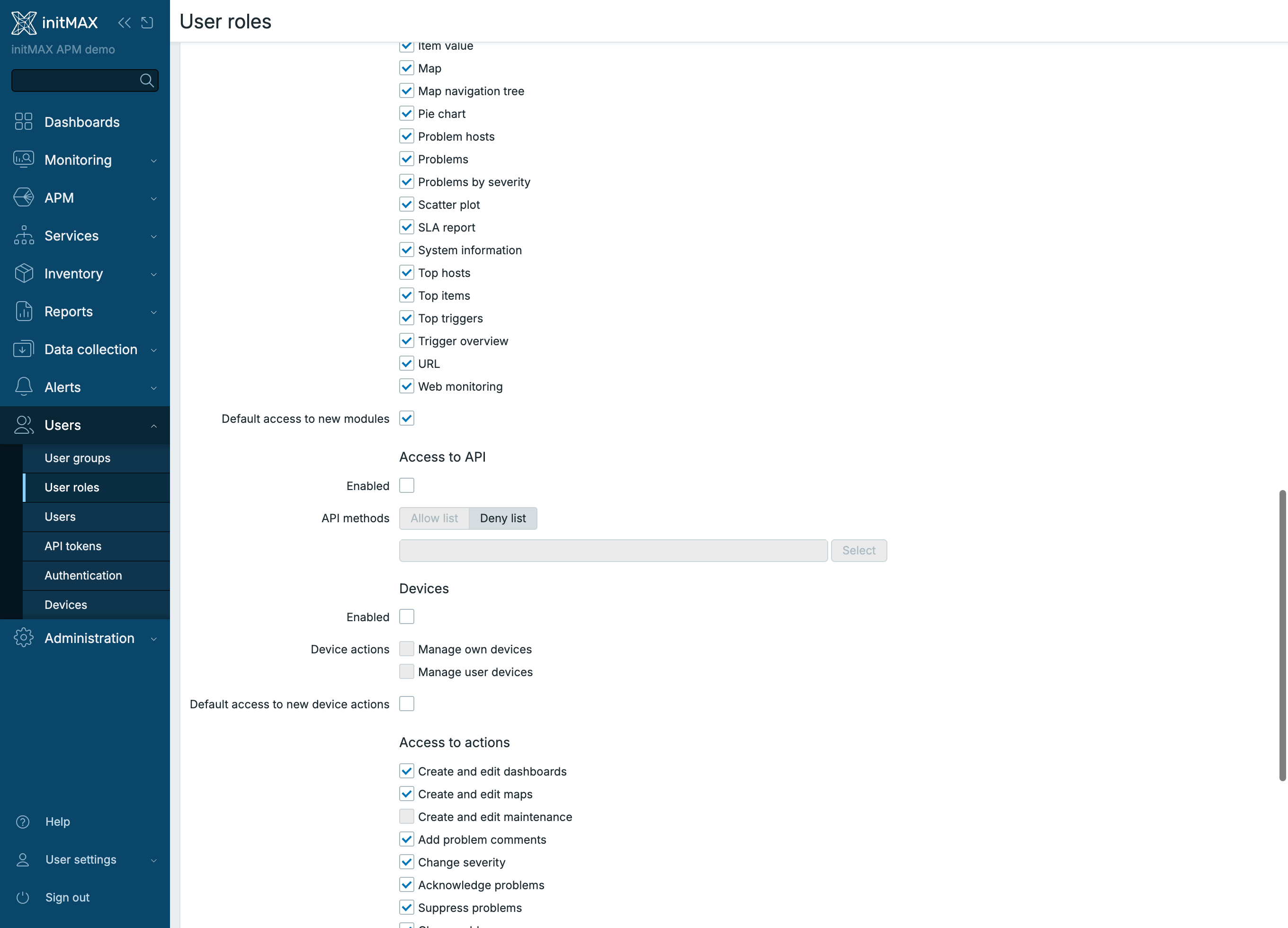 Zabbix 8.0 - sekce Access to API v user role s vypnutým přístupem