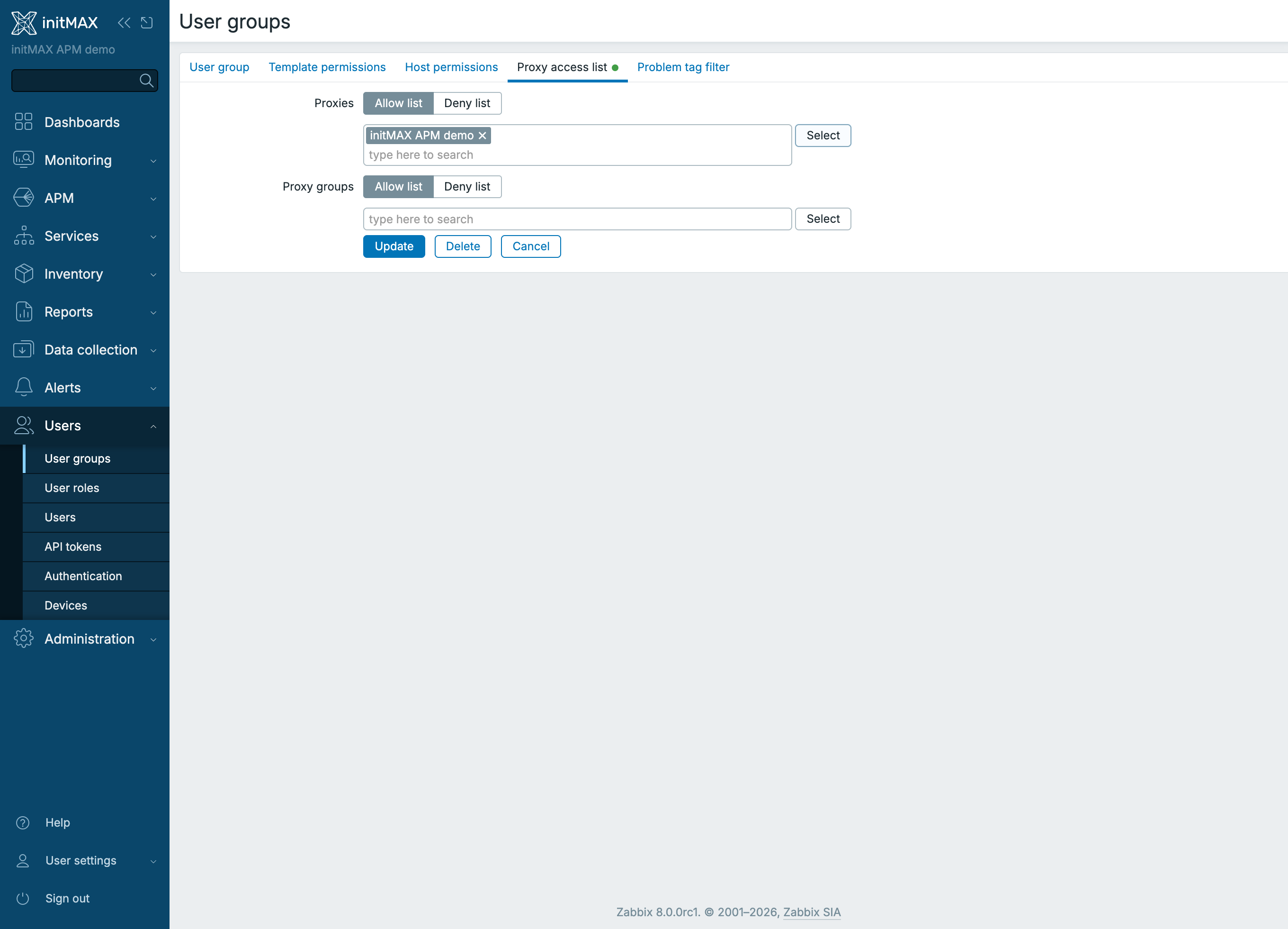 Zabbix 8.0 - tab Proxy access list v uživatelské skupině