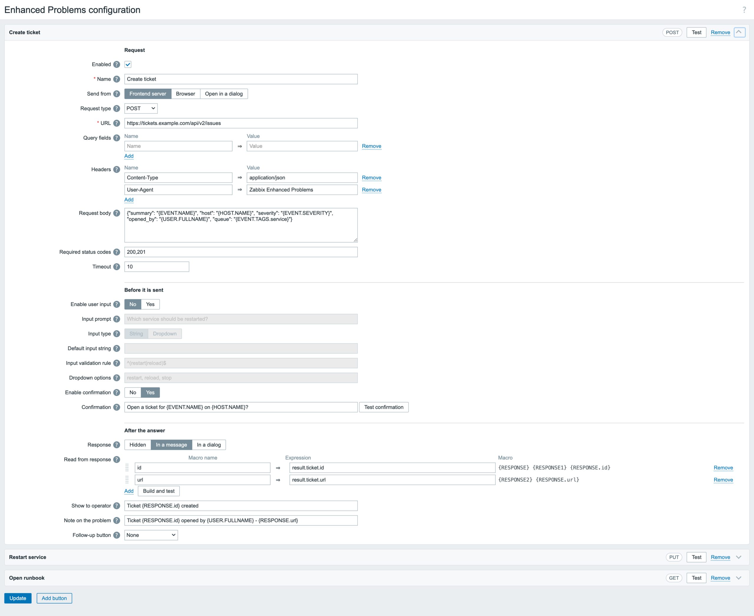 Administration - Enhanced Problems: an action button from the URL to reading the response