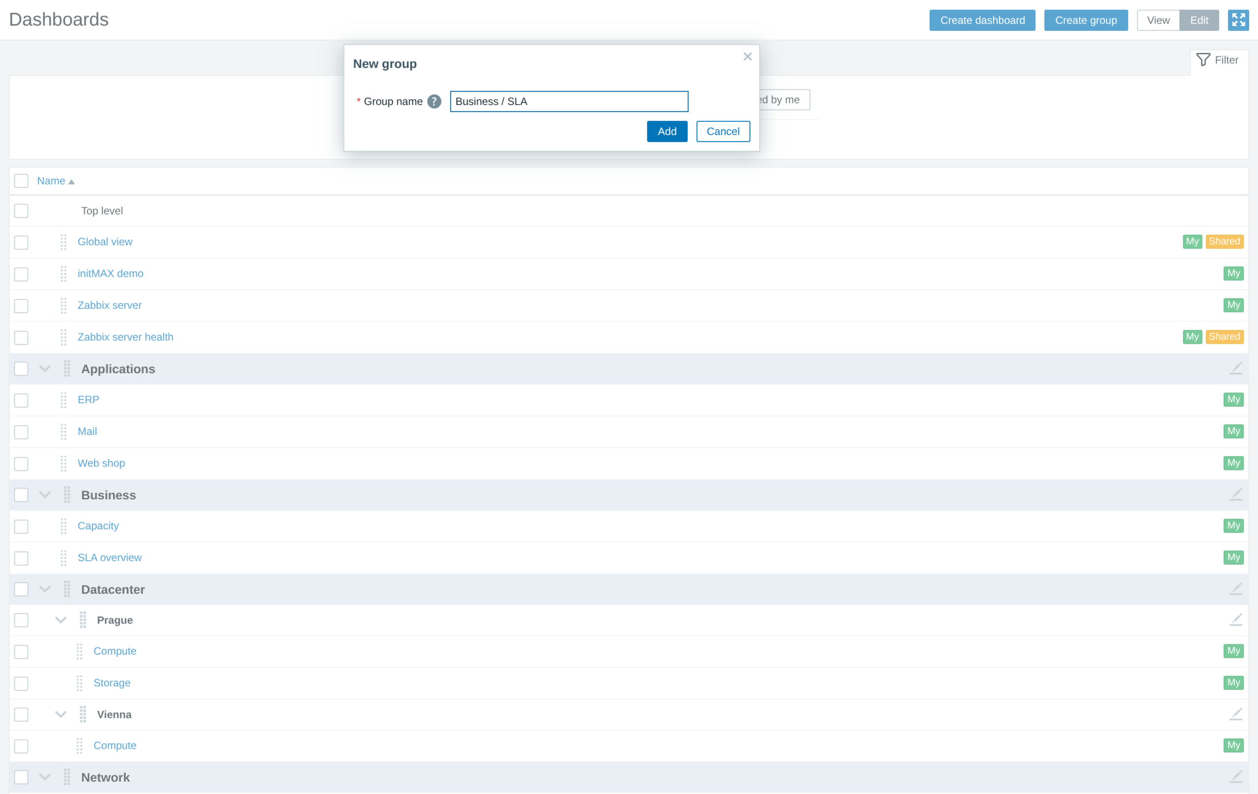 Structured Dashboard - dialog Nová skupina