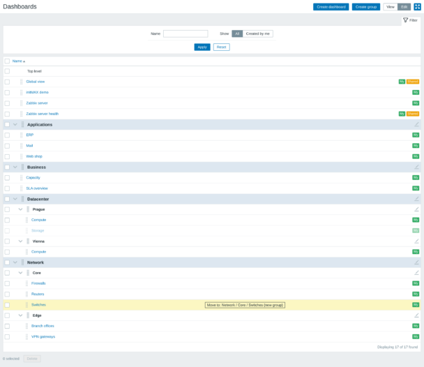 Structured Dashboard - přetažení dashboardu s nápovědou Přesunout do