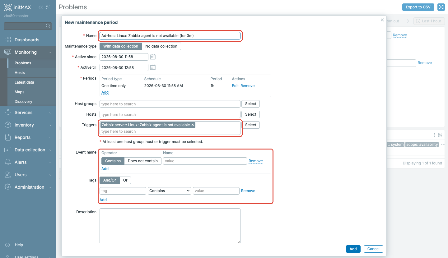 Zabbix 8.0 - předvyplněná ad-hoc údržba s triggerem a podmínkou na název události