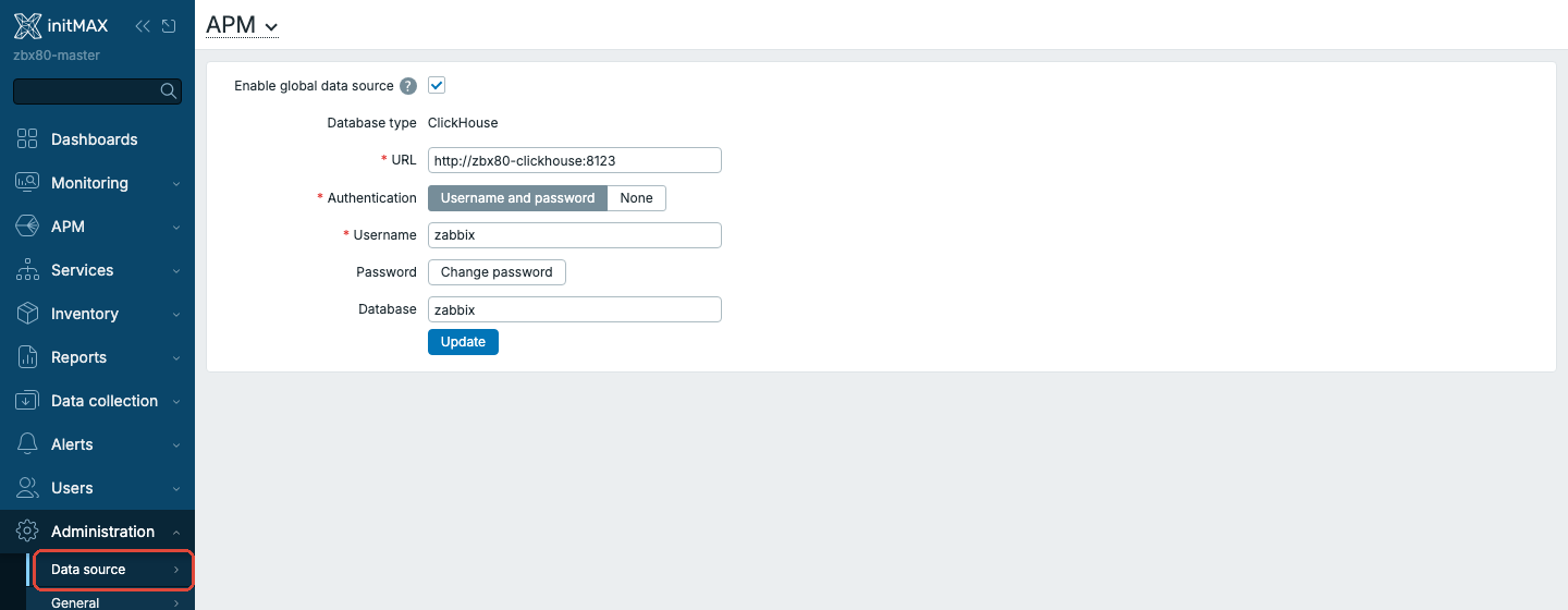 Zabbix 8.0 - nastavení globálního APM datového zdroje (ClickHouse)